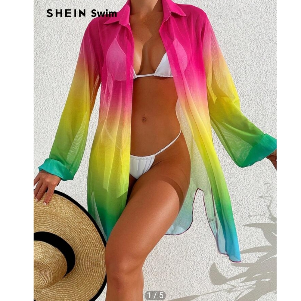 SHEIN Swim Summer Beach Gradient Lantern Sleeve Sheer Kimono